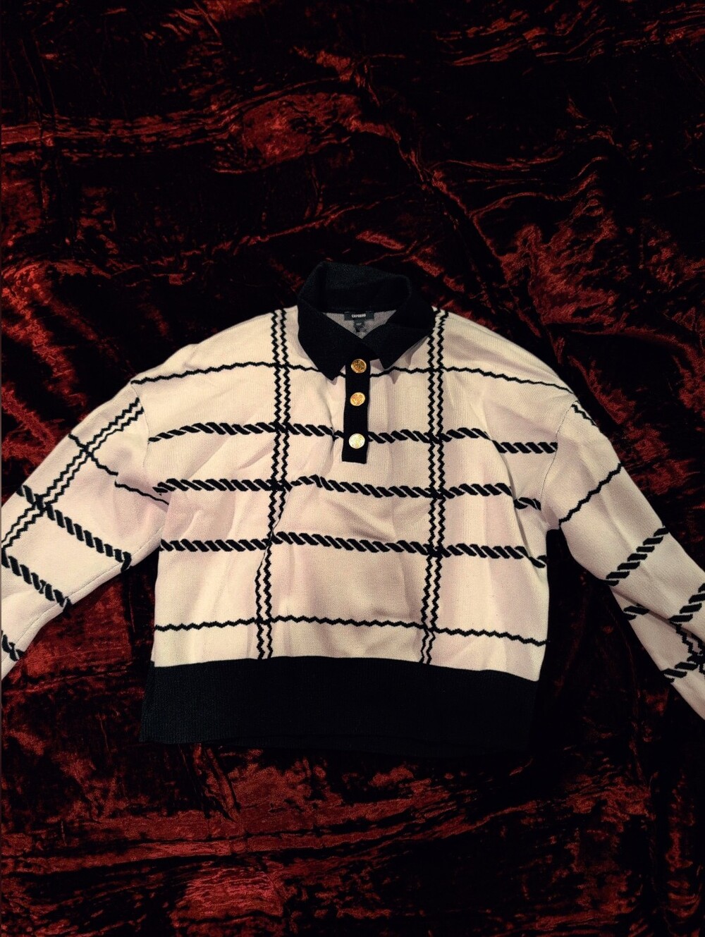 Women's Gold Buttoned Soft Long Sleeve Casual White And Black Plaid Chanel Vibe